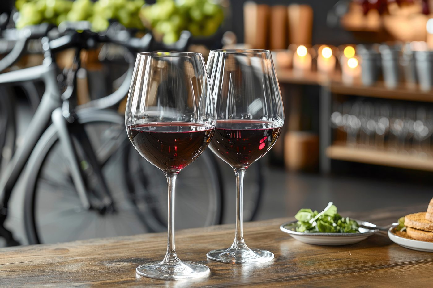 Duas taças de vinho tinto com e-bikes ao fundo