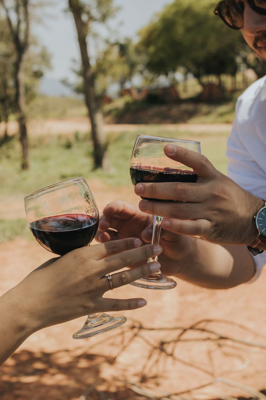 Duas pessoas brindando com taças de vinho tinto ao ar livre
